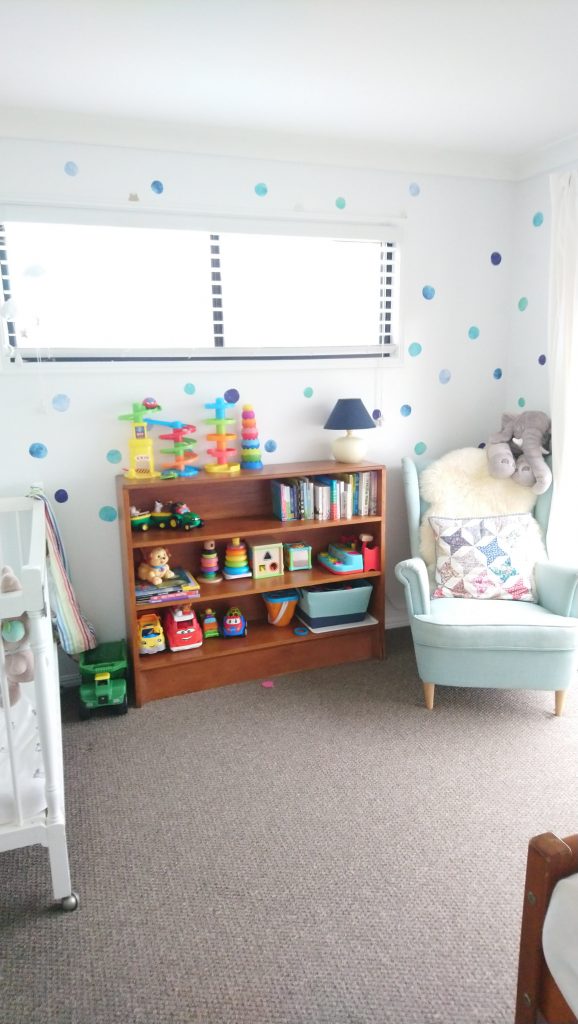 Hugo's room from doorway with new bookshelf toy storage